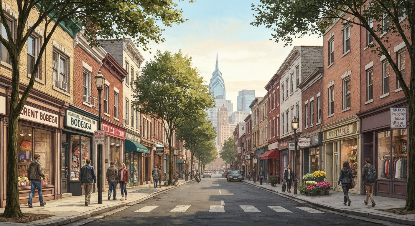 Walkable Philadelphia neighborhood street with rowhomes, trees, and local storefronts.