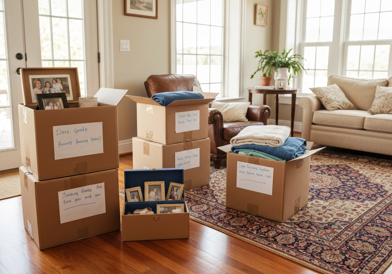 Organized boxes for senior downsizing and home preparation