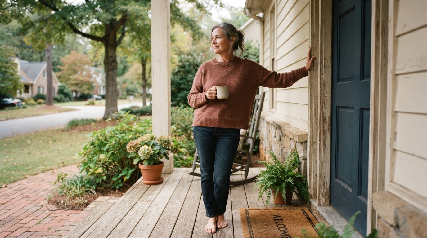 A Georgia homeowner standing thoughtfully at their front porch
