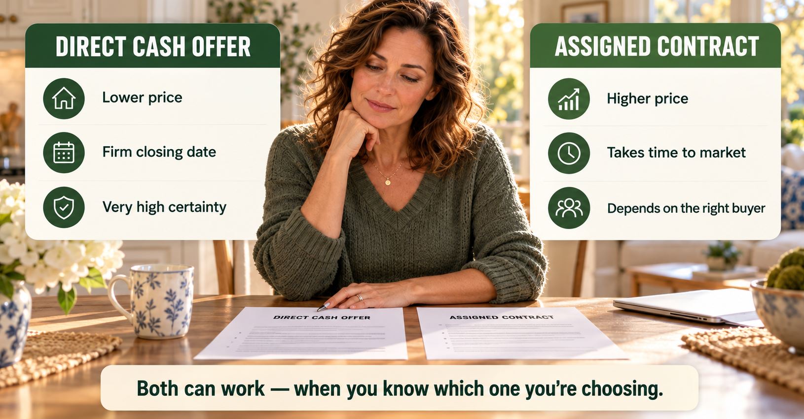 Advisor explaining Option 1: We Buy It and Option 2: We Partner With an Investor folders to a homeowner couple