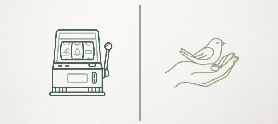 Slot machine vs hand holding a bird line illustration