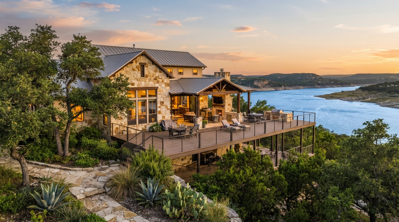 Front exterior of 1422 Oakridge Ln rock home with Canyon Lake background