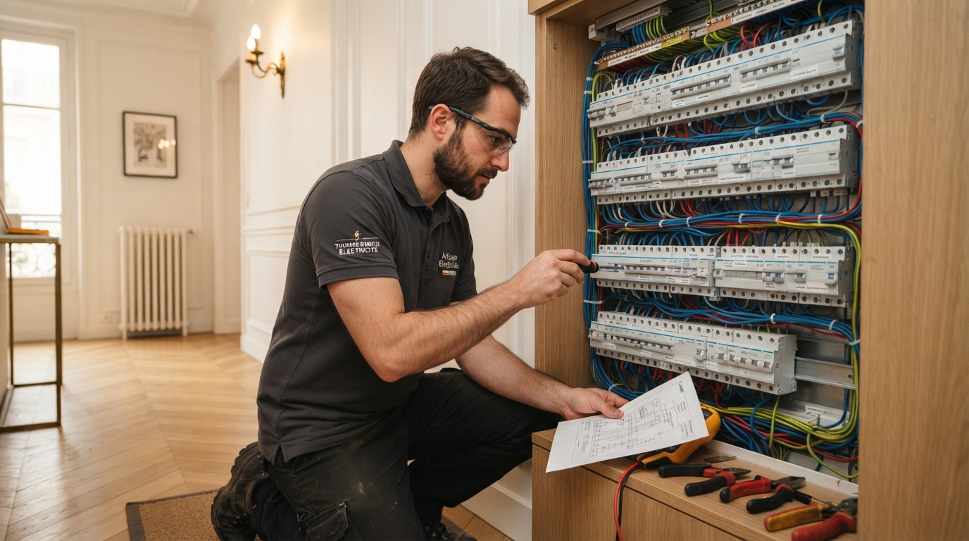Électricien OCR+ intervenant sur une installation électrique à Bonrepos-sur-Aussonnelle
