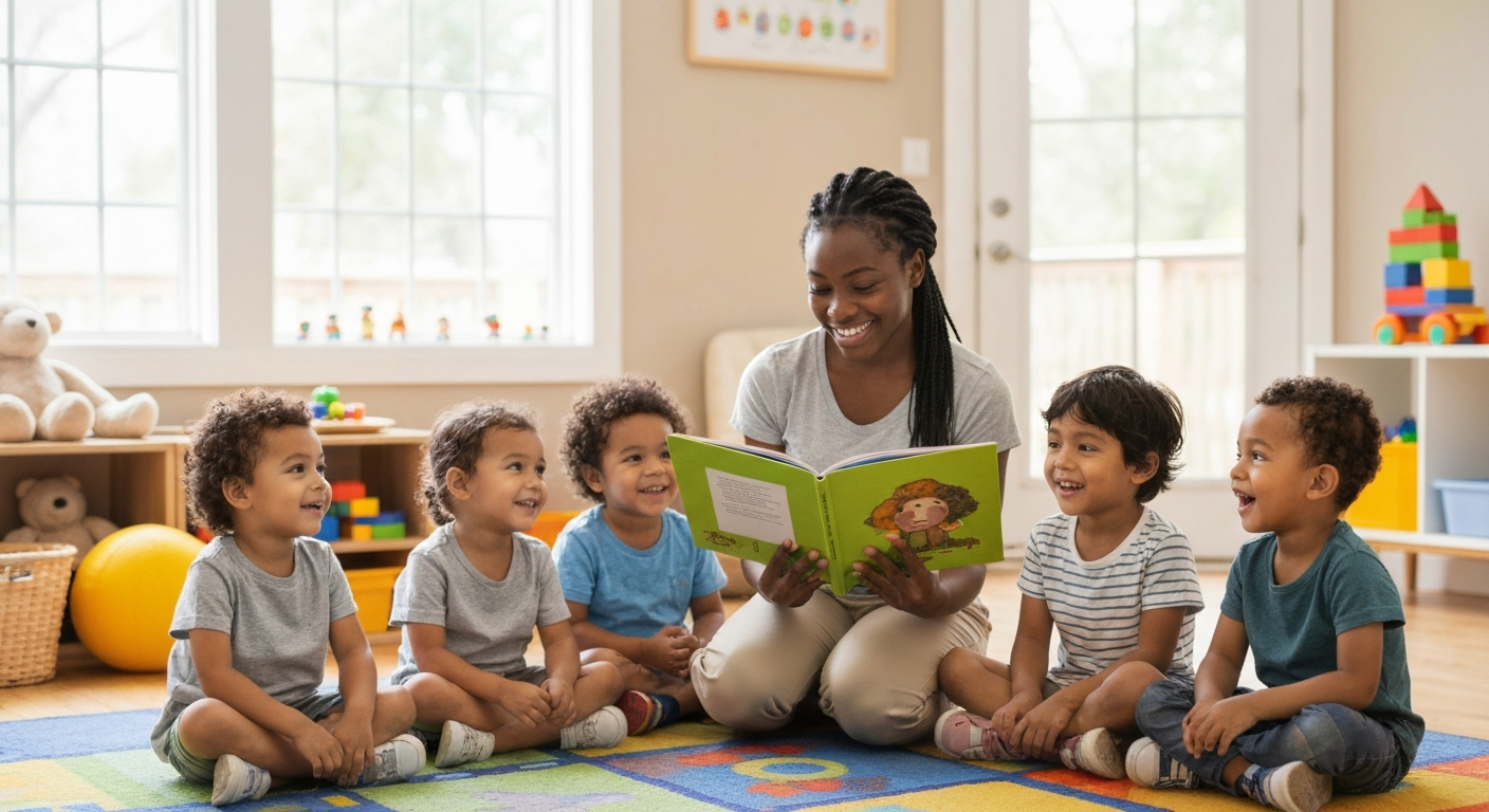 Caregiver reading to smiling children at Joyce's Daycare, a licensed home daycare in Detroit