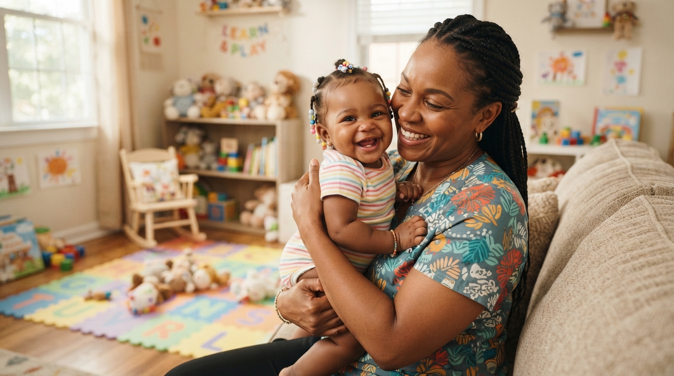 Caregiver gently holding a smiling infant at Joyce's Daycare in Detroit