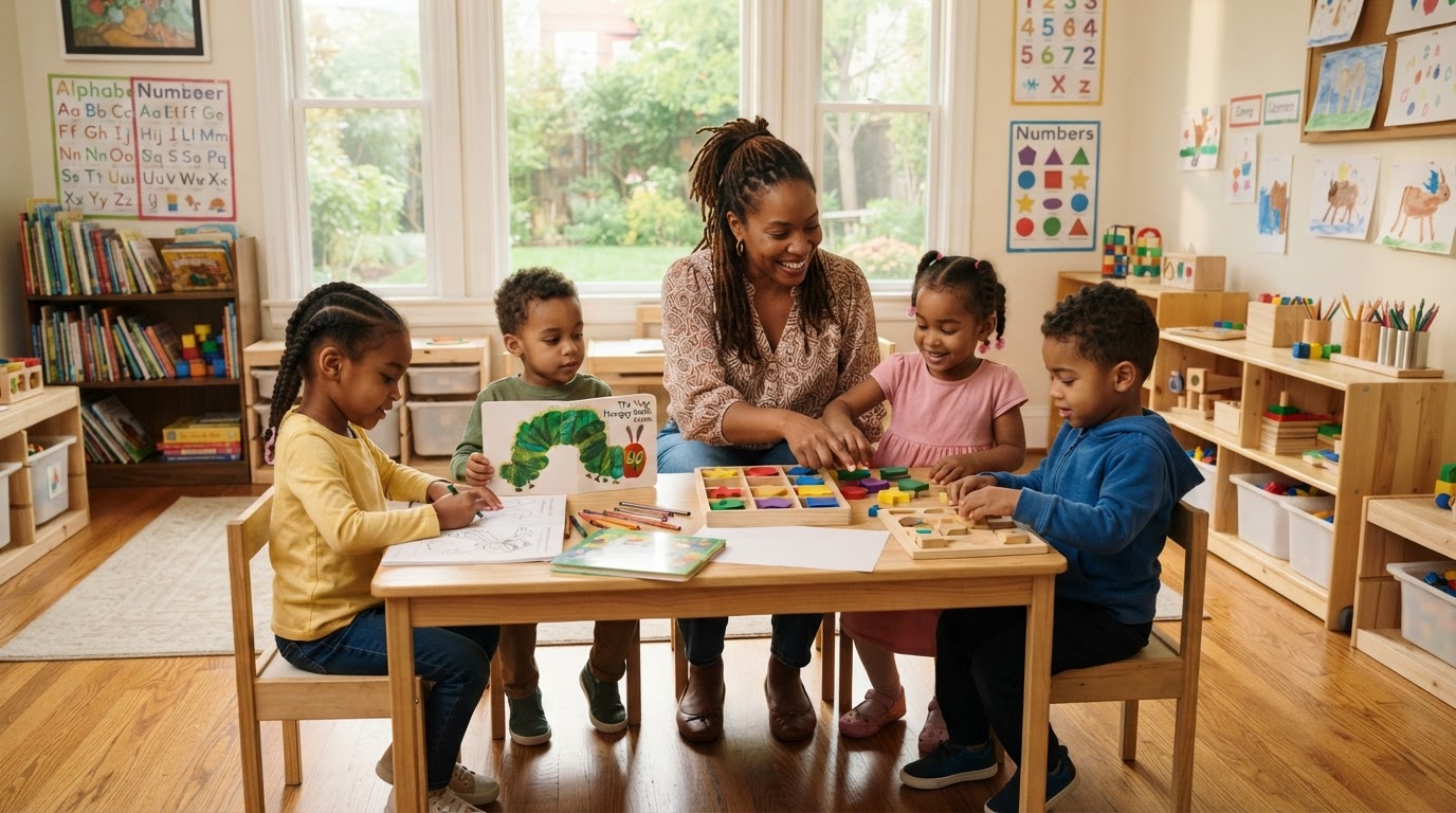 Preschool-age children engaged in early learning activities at Joyce's Daycare in Detroit