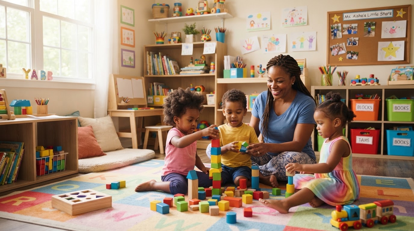Toddlers playing with colorful blocks at Joyce's Daycare in Detroit