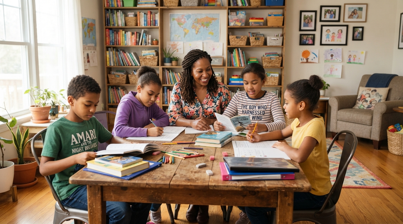 School-age children doing homework with a caregiver at Joyce's Daycare in Detroit