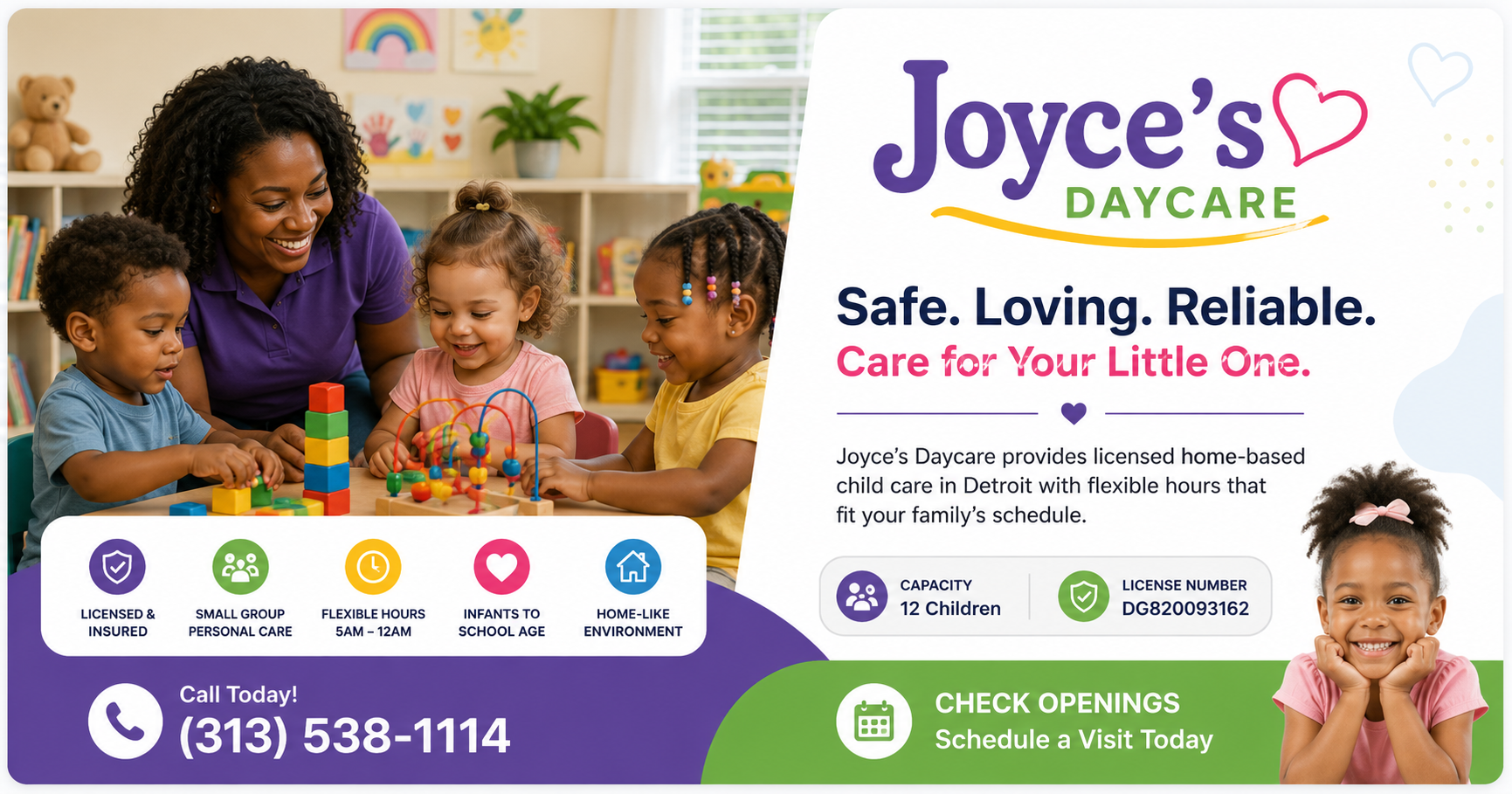 Joyce's Daycare caregiver engaging with children in a warm home learning environment in Detroit