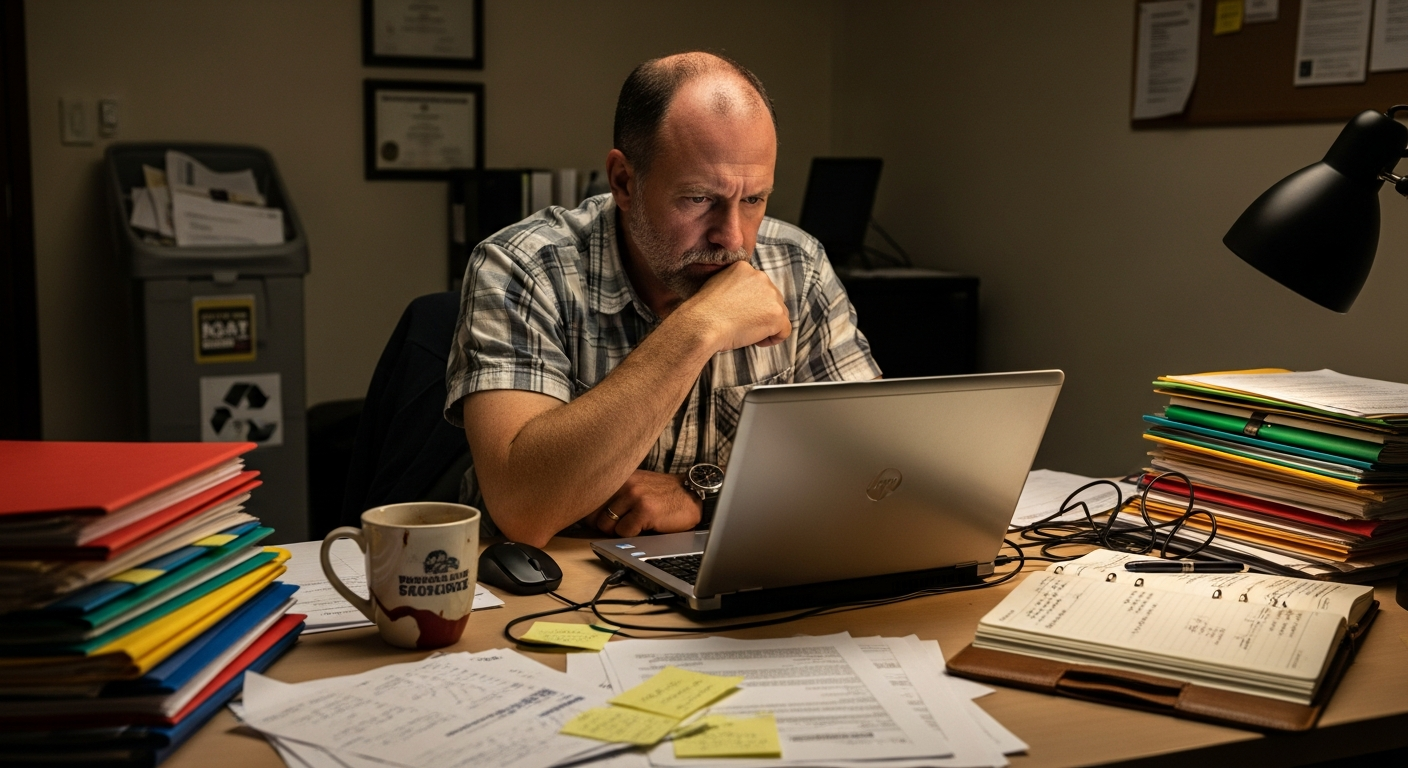 Authentic business owner working at a cluttered desk with paperwork