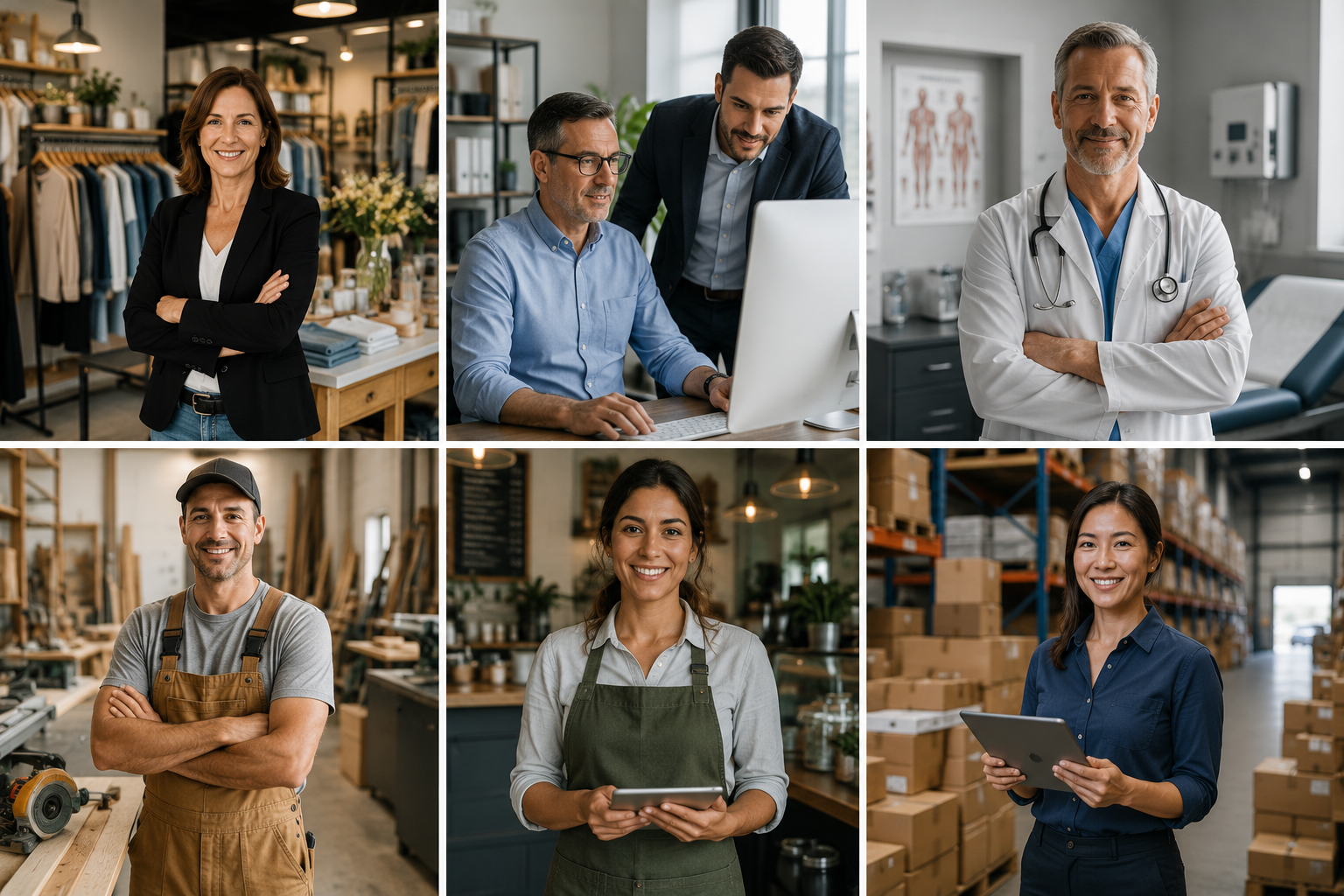 Professional collage of diverse industries served by Freeman Tech Group, including retail, healthcare, trades, and logistics