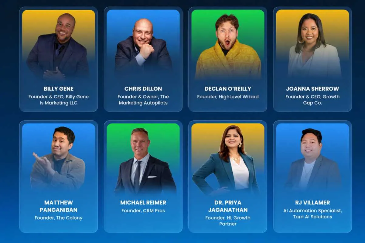 HighLevel LIVE Manila 2026 featured speaker lineup including Joanna Sherrow, Billy Gene, Chris Dillon, Declan O'Reilly, Matthew Panganiban, Michael Reimer, Dr. Priya Jaganathan, and RJ Villamer