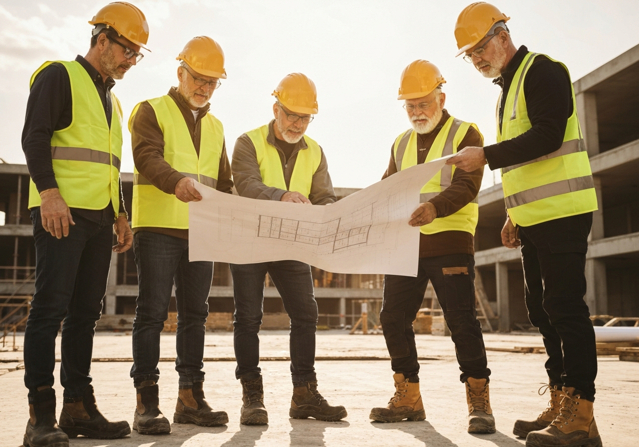Construction workers reviewing plans