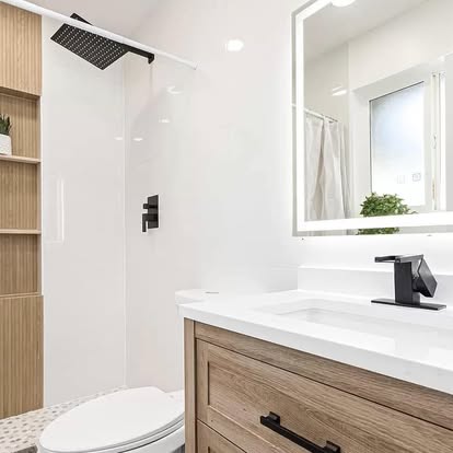 Modern Shower with Wood Vanity Modern Shower with Wood Vanity - Bathroom Remodeling by Builders For You Construction in Yuma, AZ