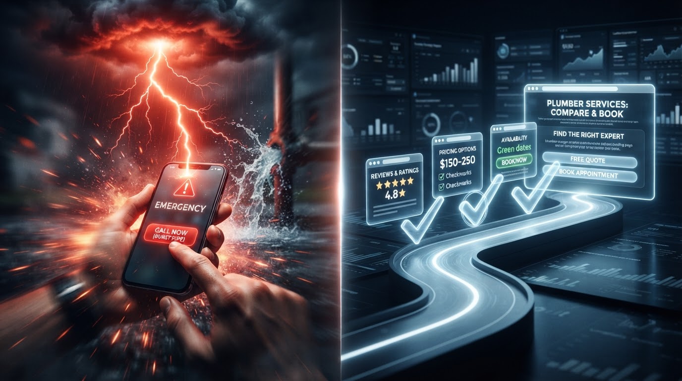 Split visual of an emergency lead intercepted instantly versus a research journey down a winding path, representing LSAs versus Google Ads