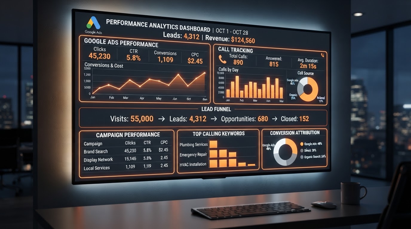 Google Ads dashboard tracking call conversions and cost per booked job