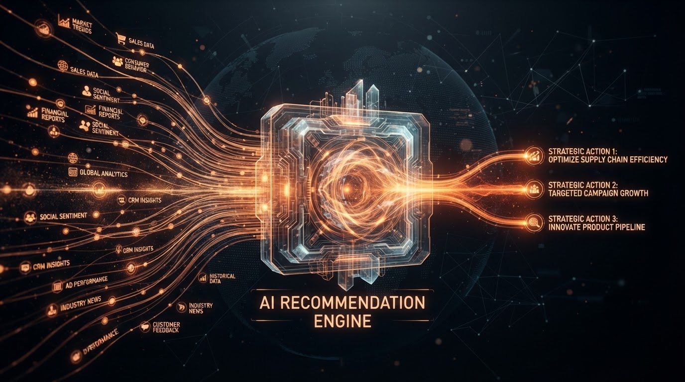 Business data signals converging into an AI recommendation engine for local search