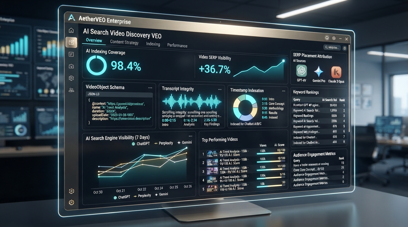 Video marketing interface showing metadata, transcript layers, and AI search visibility.