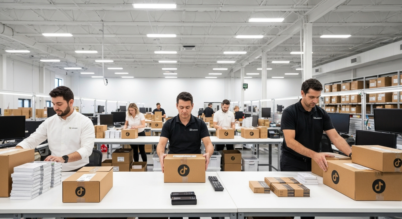 Ecommerce fulfillment team packing Shopify and TikTok Shop orders in Rochester NY warehouse