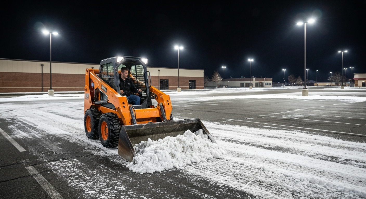 Skid steer clearing snow from parking lot at night