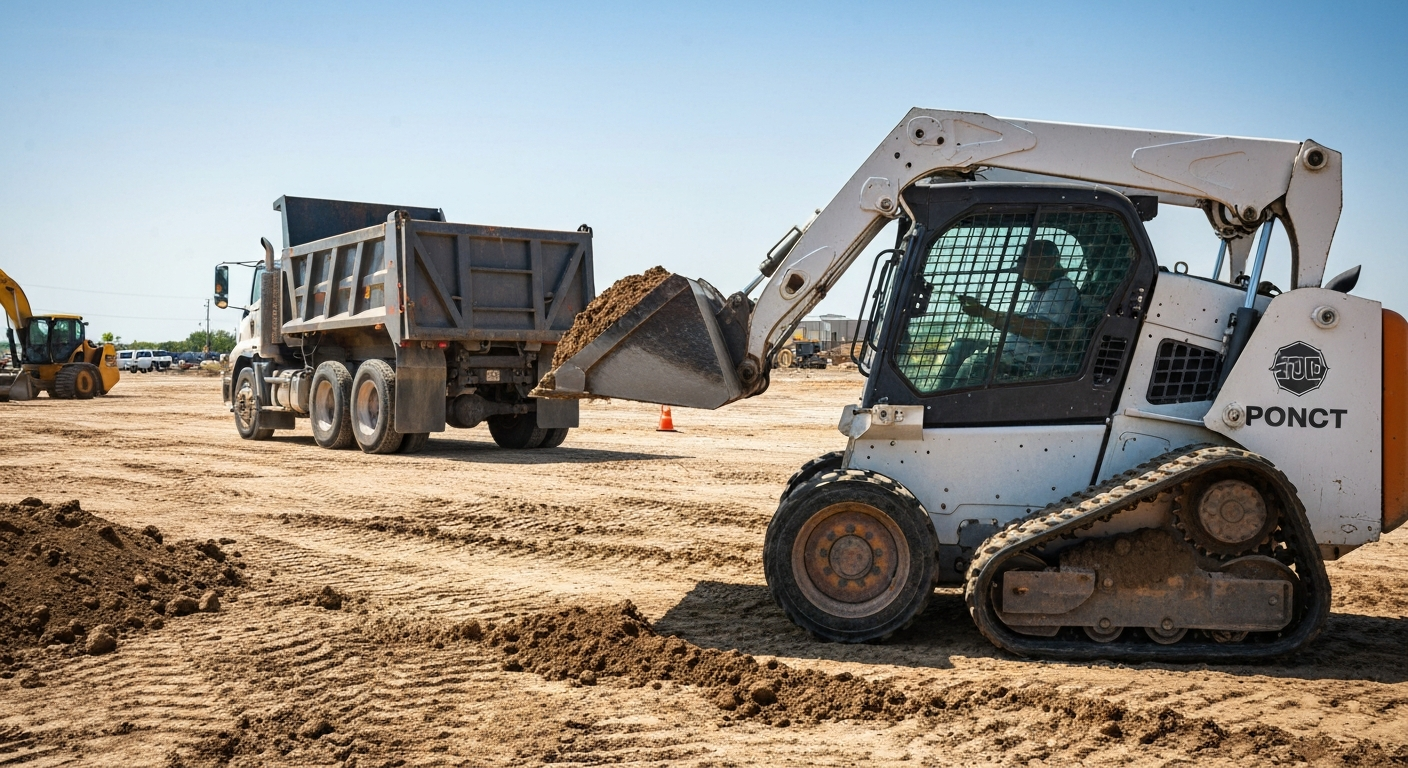 Skid steer loading dirt into a dump truck