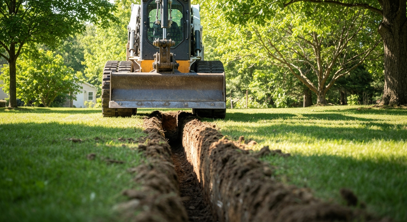 Skid steer digging a trench for drainage
