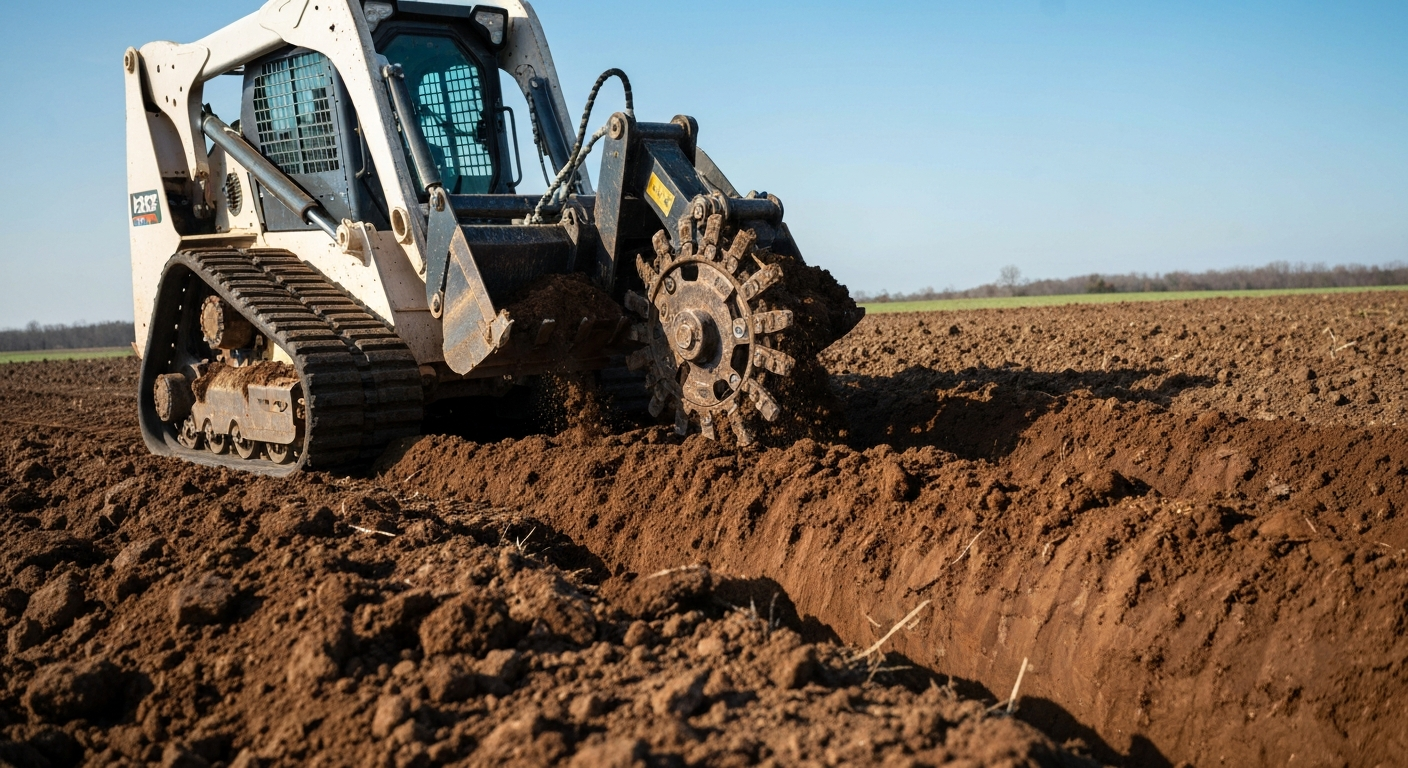 Skid steer with trencher attachment digging trench