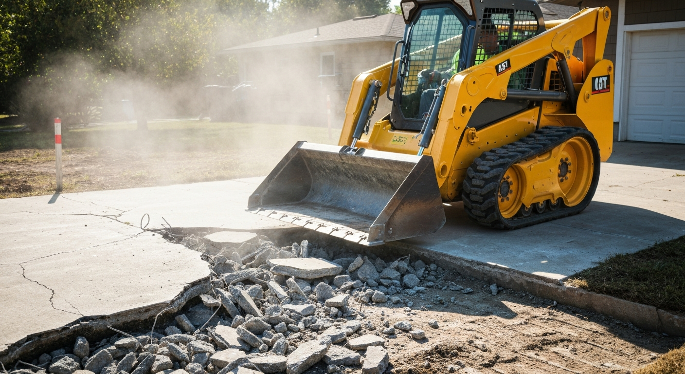 Skid steer breaking up and removing an old concrete driveway