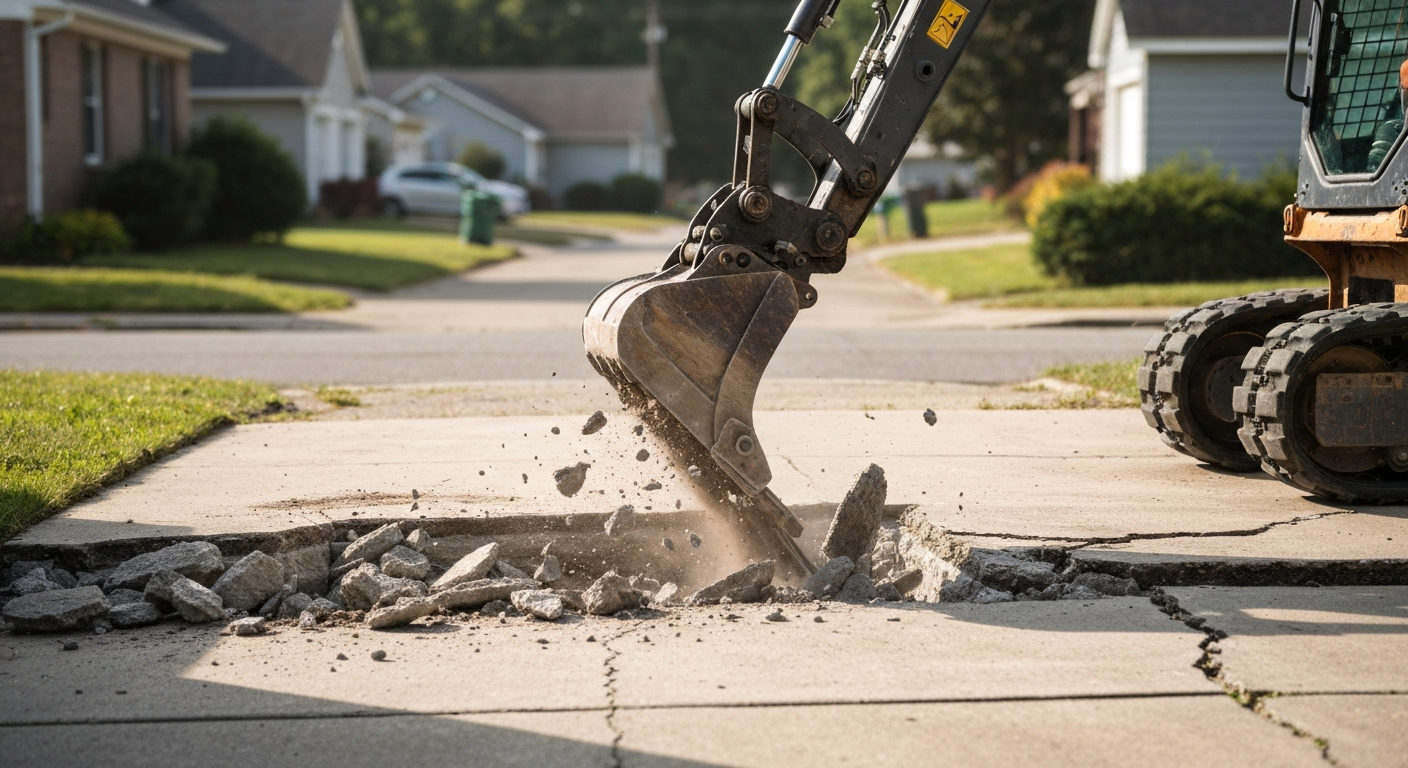 Skid steer breaking up an old concrete driveway