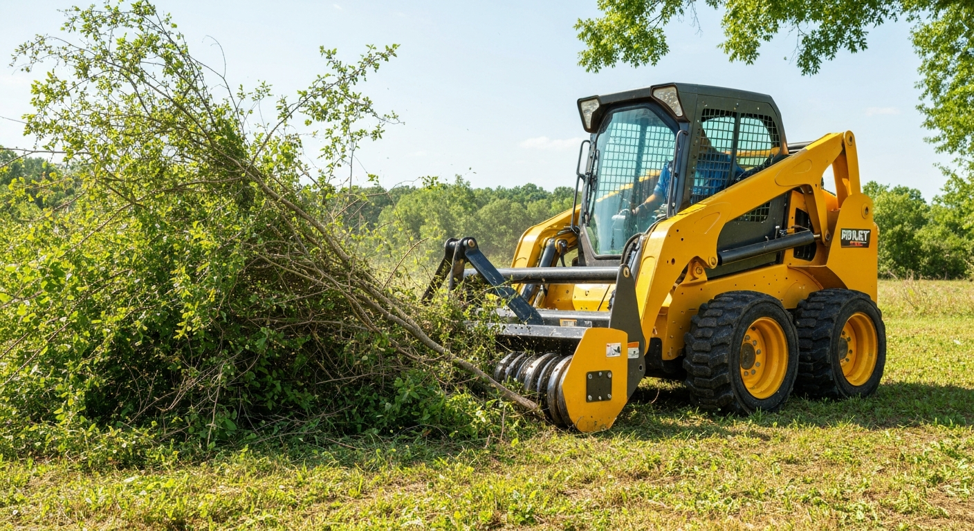 Skid steer with a brush mulcher attachment clearing overgrown brush