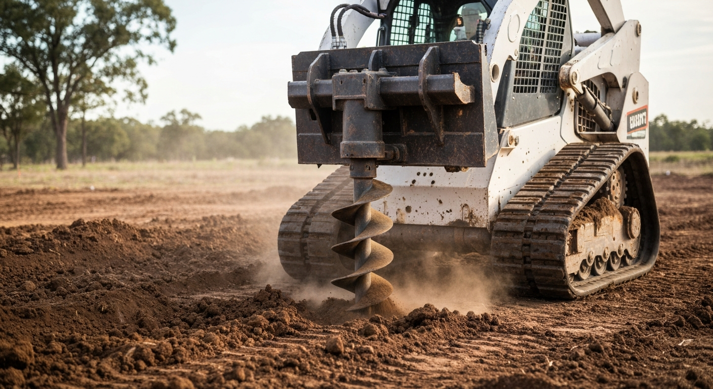 Skid steer with an auger attachment drilling post holes