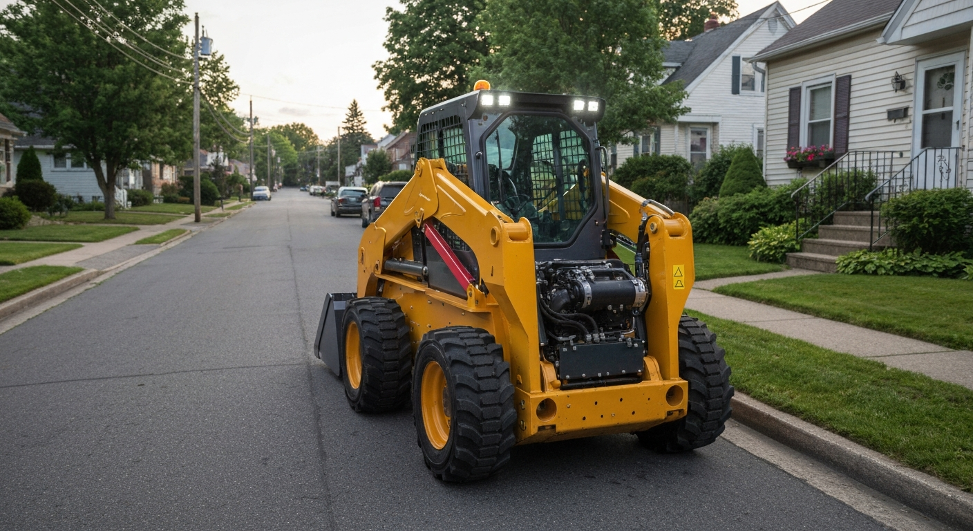 Modern skid steer parked on a residential street