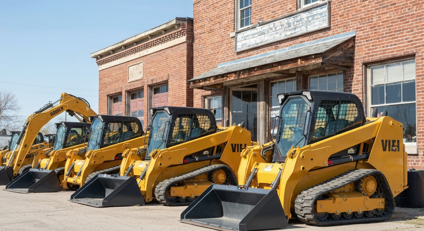 Modern skid steer fleet parked outside a Saskatchewan shop