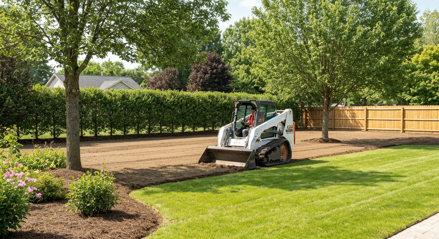 Skid steer grading a large residential yard