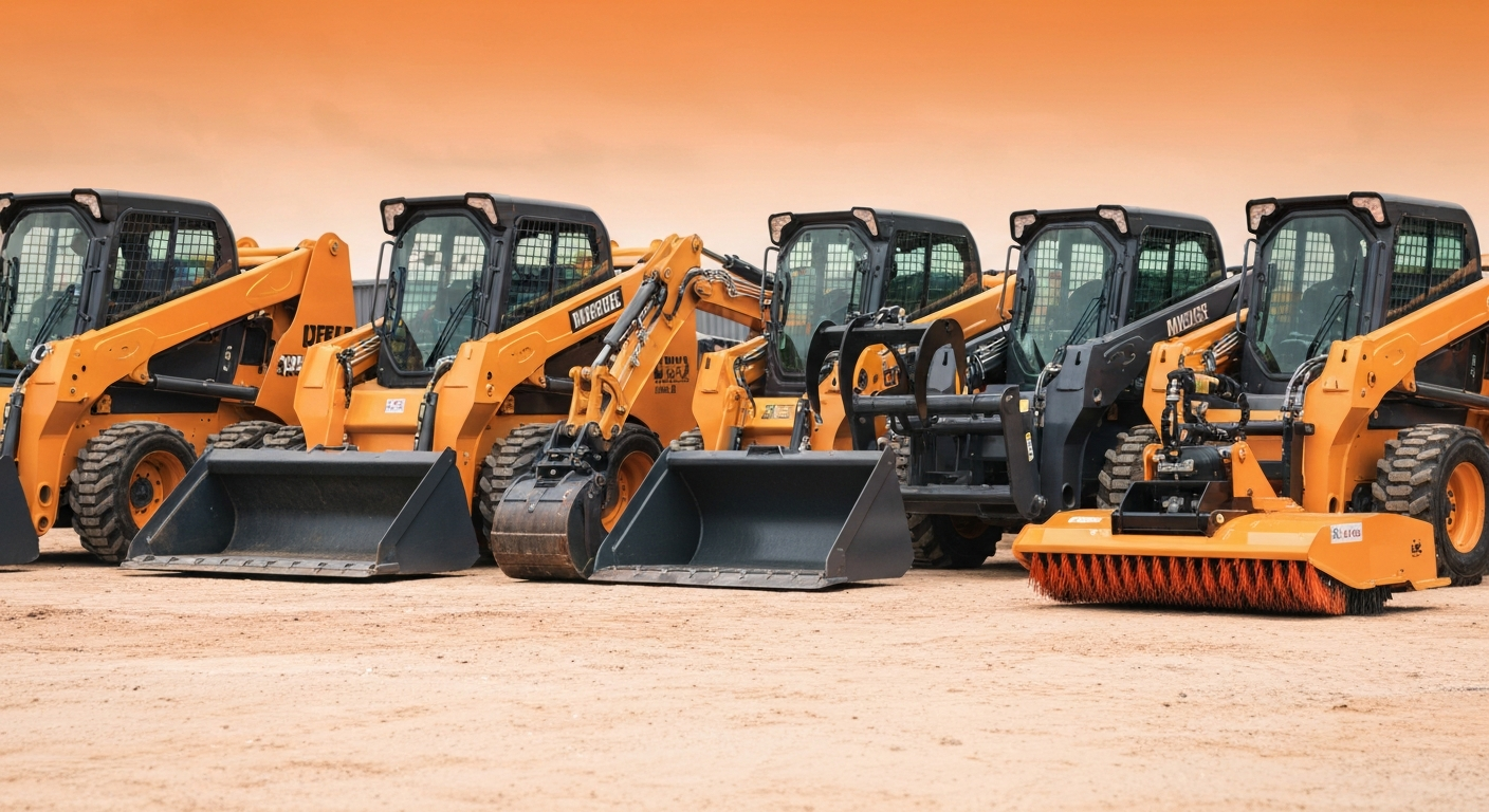 Multiple modern skid steer attachments lined up