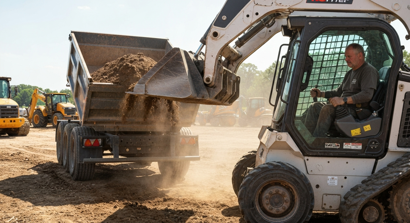 Skid steer loading dirt into a dump trailer