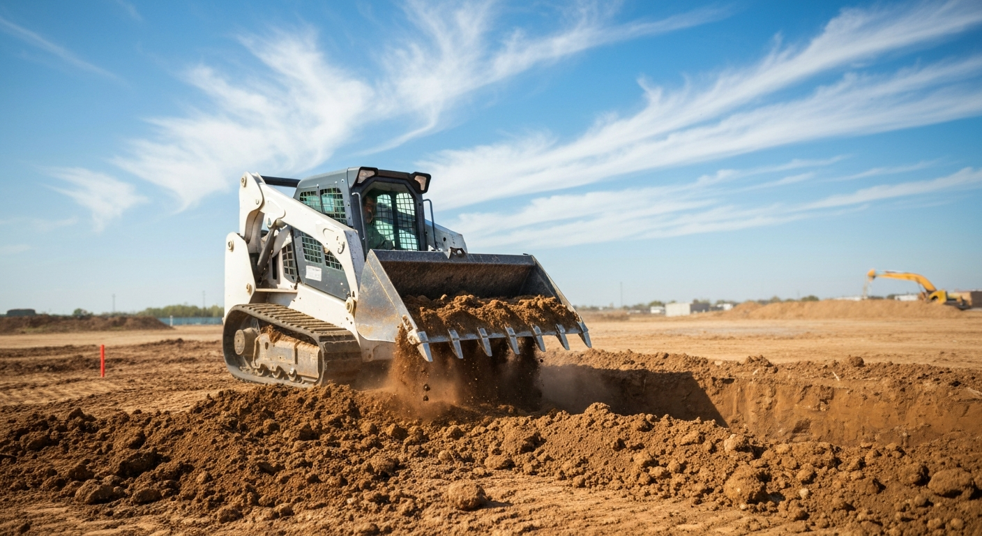 Skid steer excavating a large dirt lot for new construction