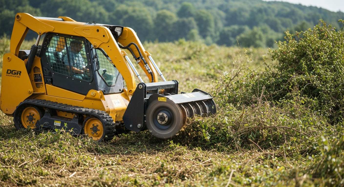 Skid steer with brush mulcher attachment clearing land