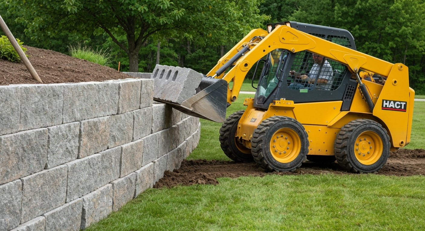 Skid steer moving large landscaping blocks for a retaining wall