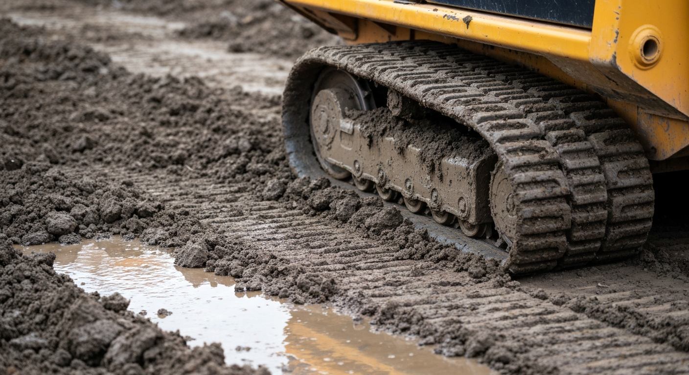 Close up of skid steer tracks in heavy clay soil