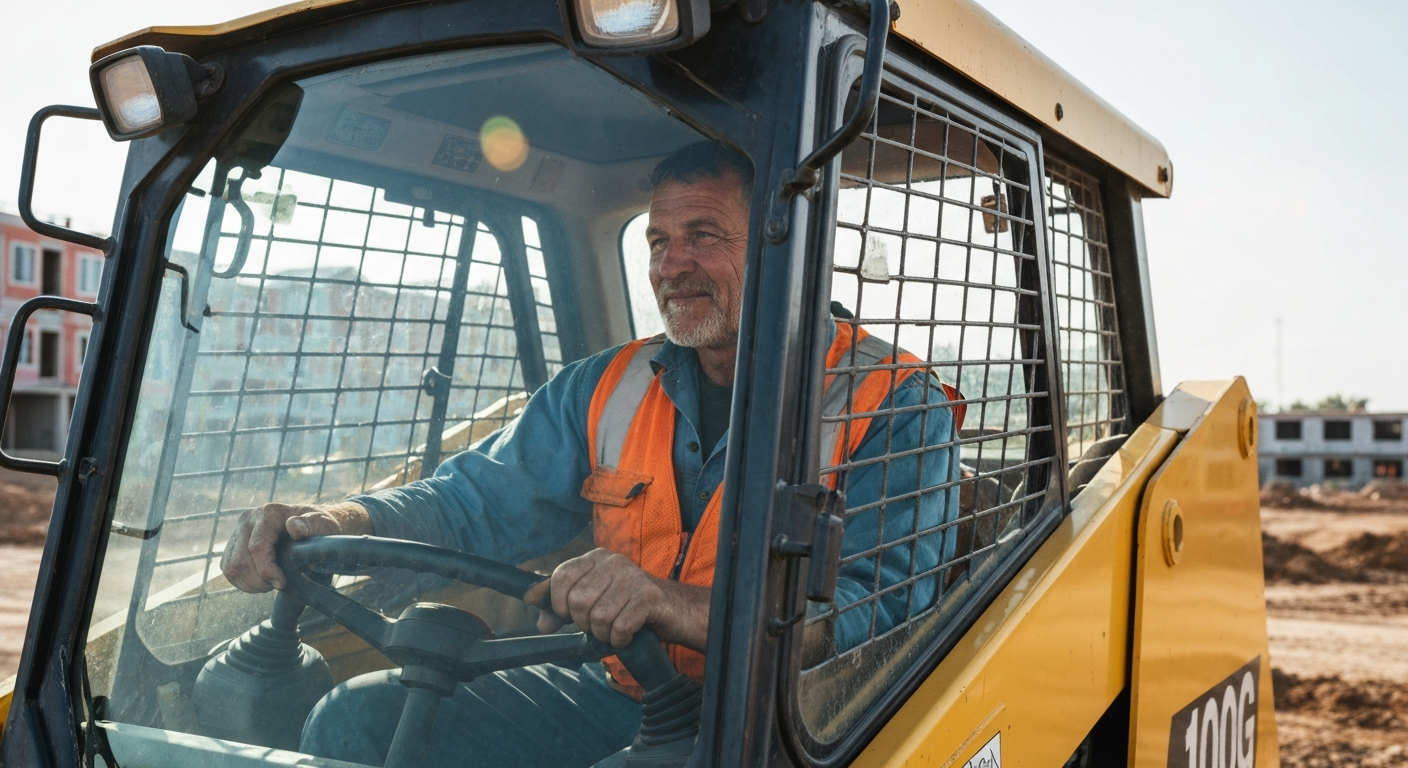 Skid steer operator looking out from cab