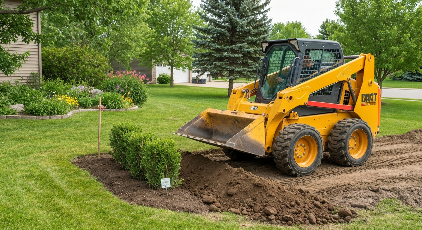 Skid steer working on a property in Regina