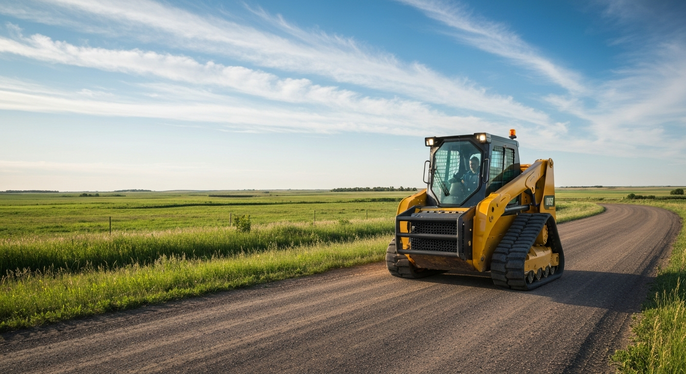 Skid steer driving down a Saskatchewan road