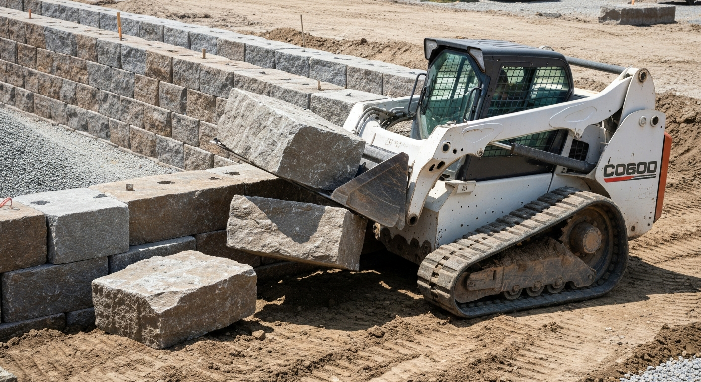 Skid steer moving large landscape blocks