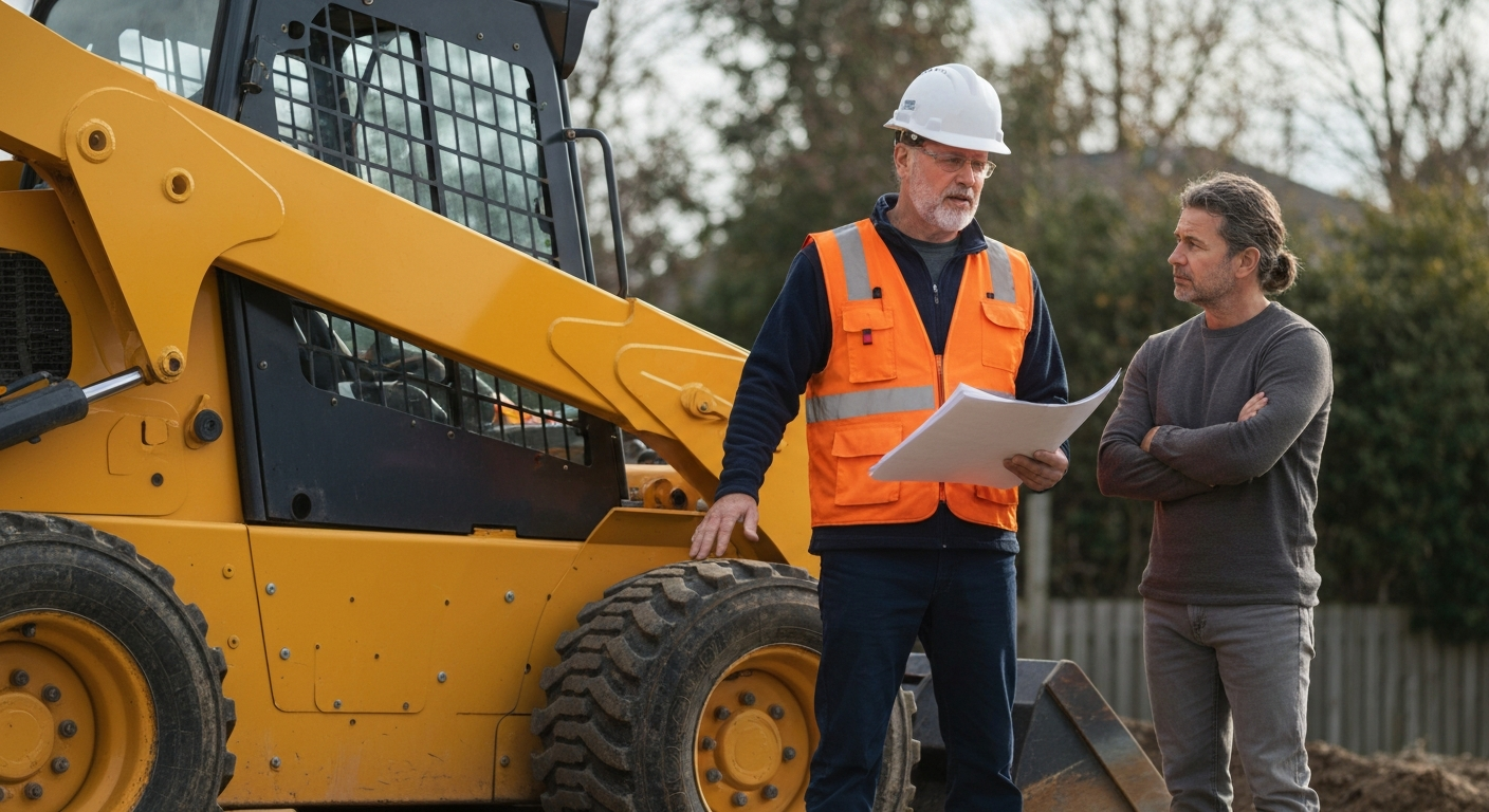 Contractor discussing plans with a homeowner next to a skid steer