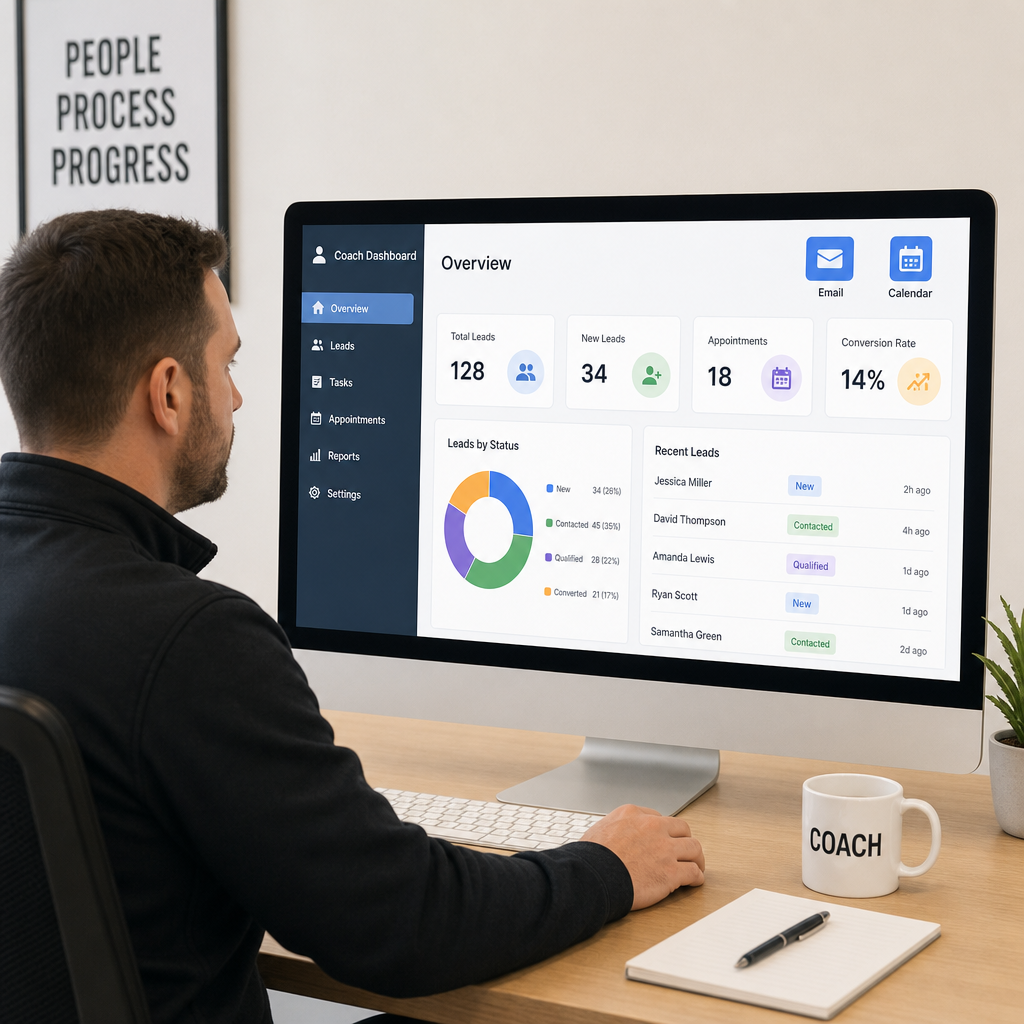 Coach reviewing a clear lead management pipeline dashboard