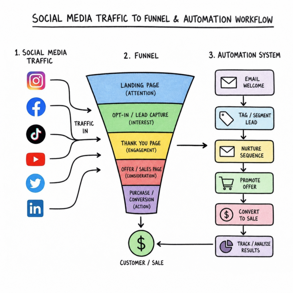 Social Media Traffic to Funnel and Automation Workflow diagram showing social traffic moving through opt-in, nurture sequence, sales conversion, and tracking