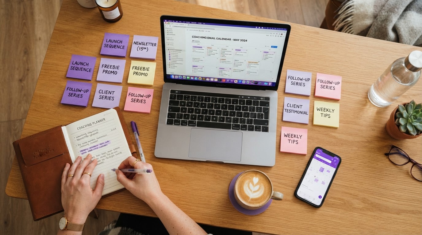 Coach planning an email calendar on a laptop with notes and coffee