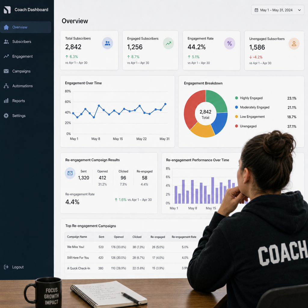 Coach reviewing subscriber engagement and re-engagement campaign results on a dashboard