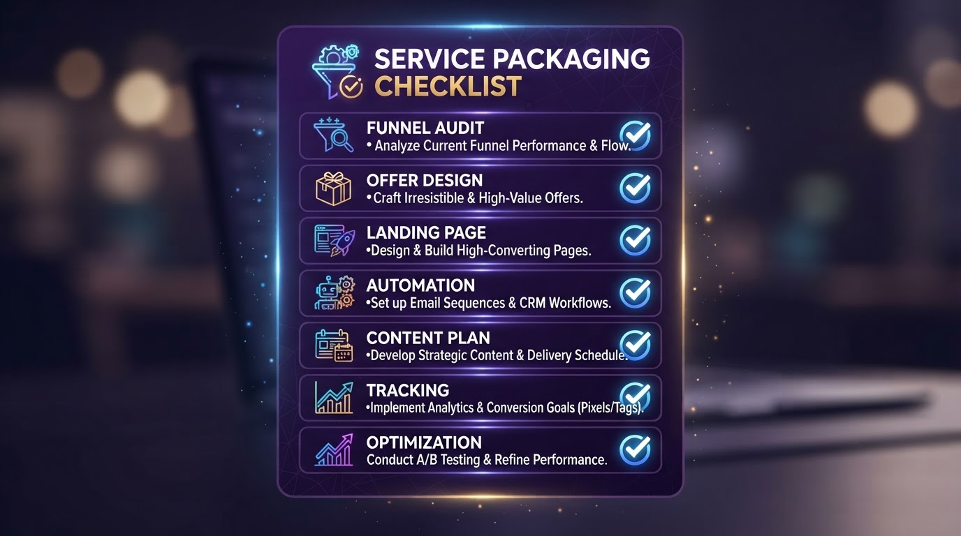 Service packaging checklist with funnel audit, offer, landing page, automation, content plan, tracking, and optimization items